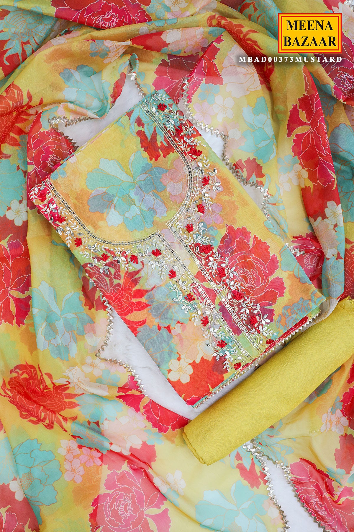 Mustard Organza Floral Printed Suit Set