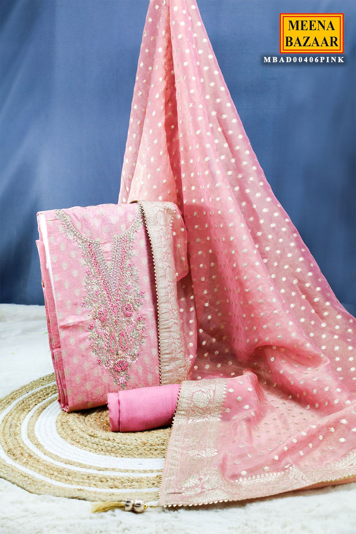 Pink Chanderi Silk Zari Pearl Embroidered Suit Set