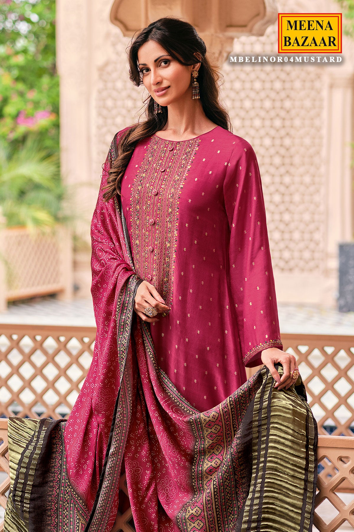 Rough Red Viscose Dola Silk Printed Thread Embroidered Unstitched Suit