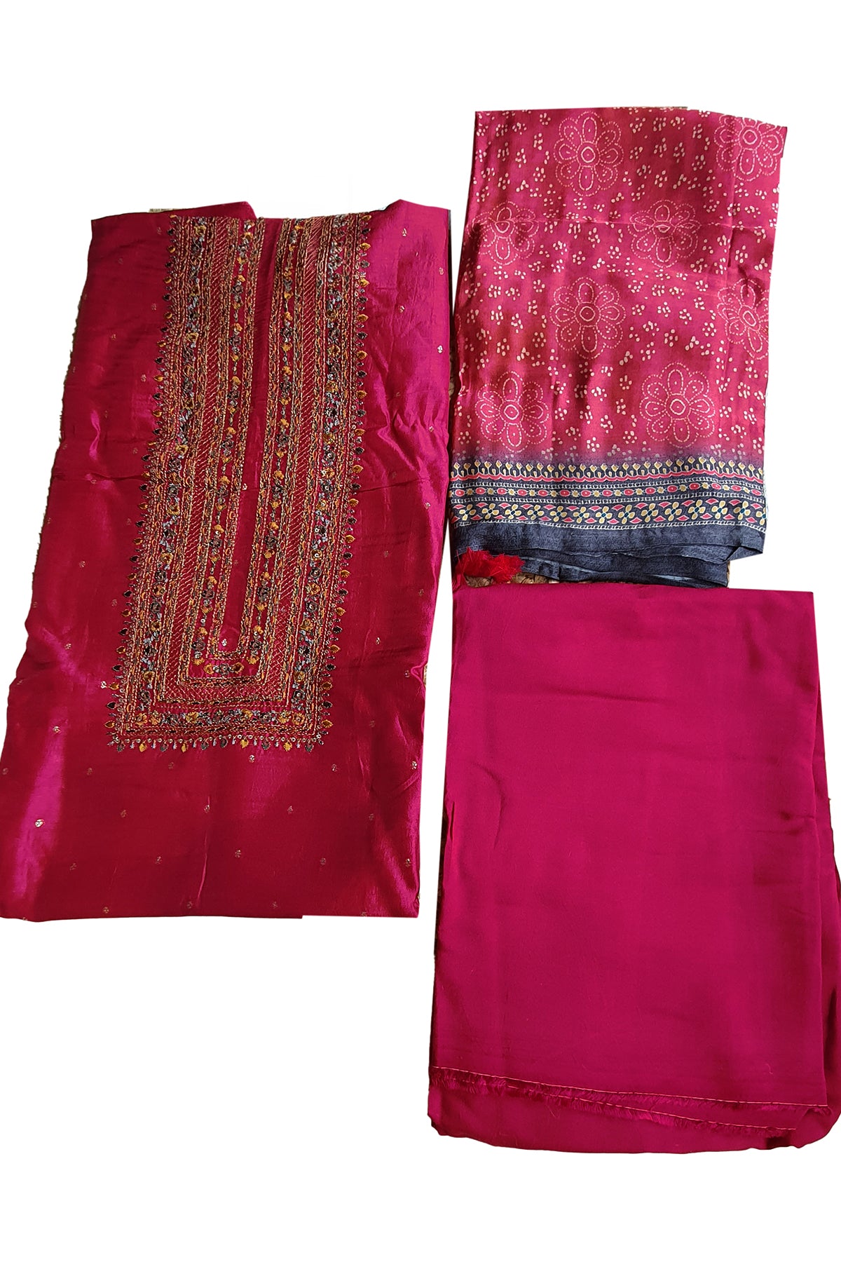 Rough Red Viscose Dola Silk Printed Thread Embroidered Unstitched Suit