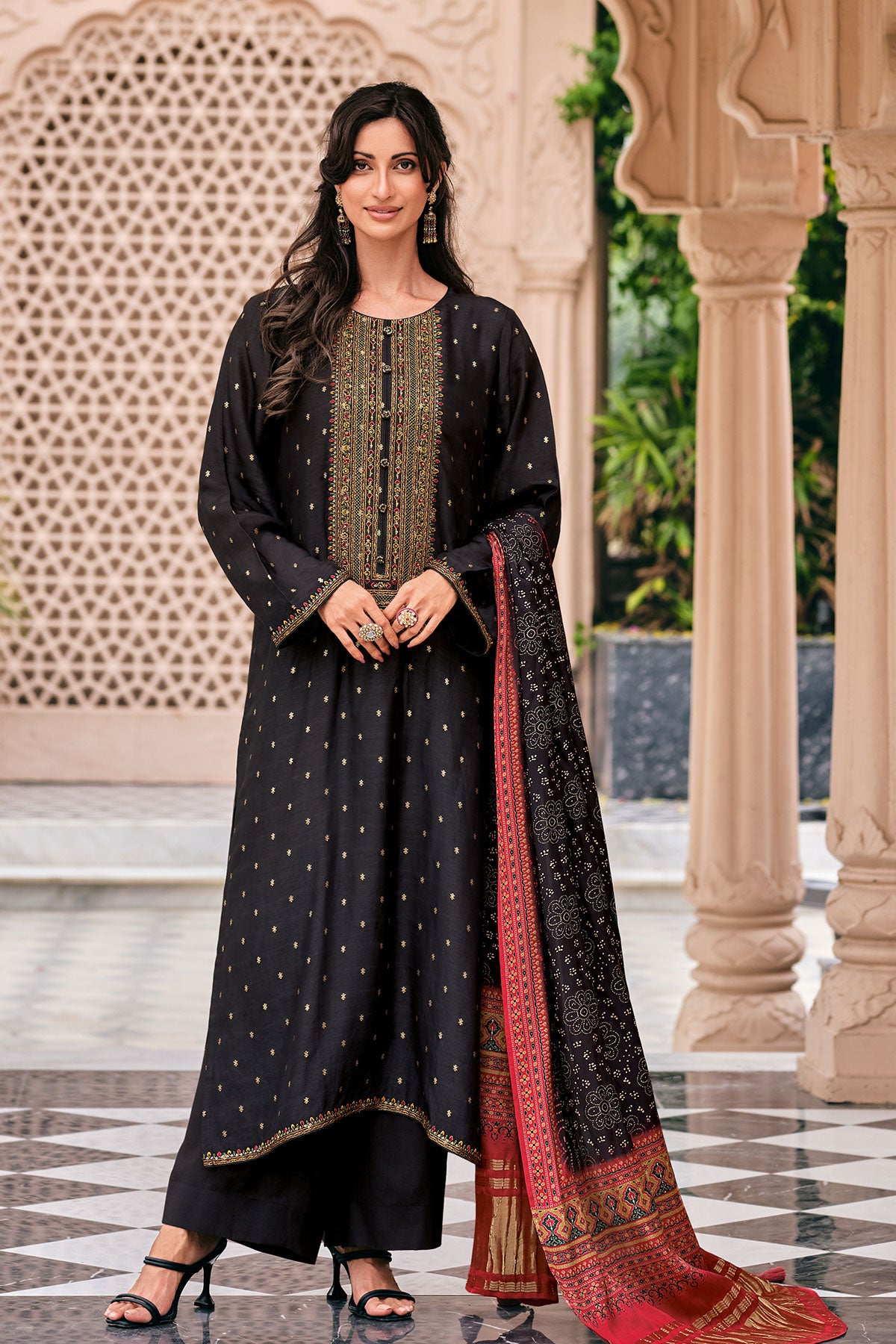 Black Viscose Dola Silk Printed Thread Embroidered Unstitched Suit Set