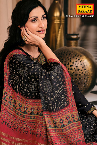 Black Viscose Dola Silk Printed Thread Embroidered Unstitched Suit Set