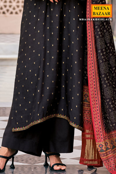 Black Viscose Dola Silk Printed Thread Embroidered Unstitched Suit Set