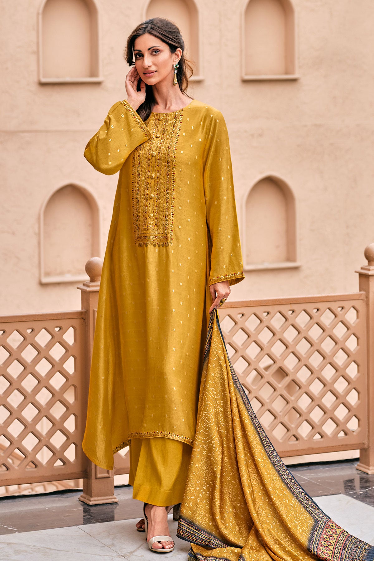 Mustard Viscose Dola Silk Printed Thread Embroidered Unstitched Suit Set