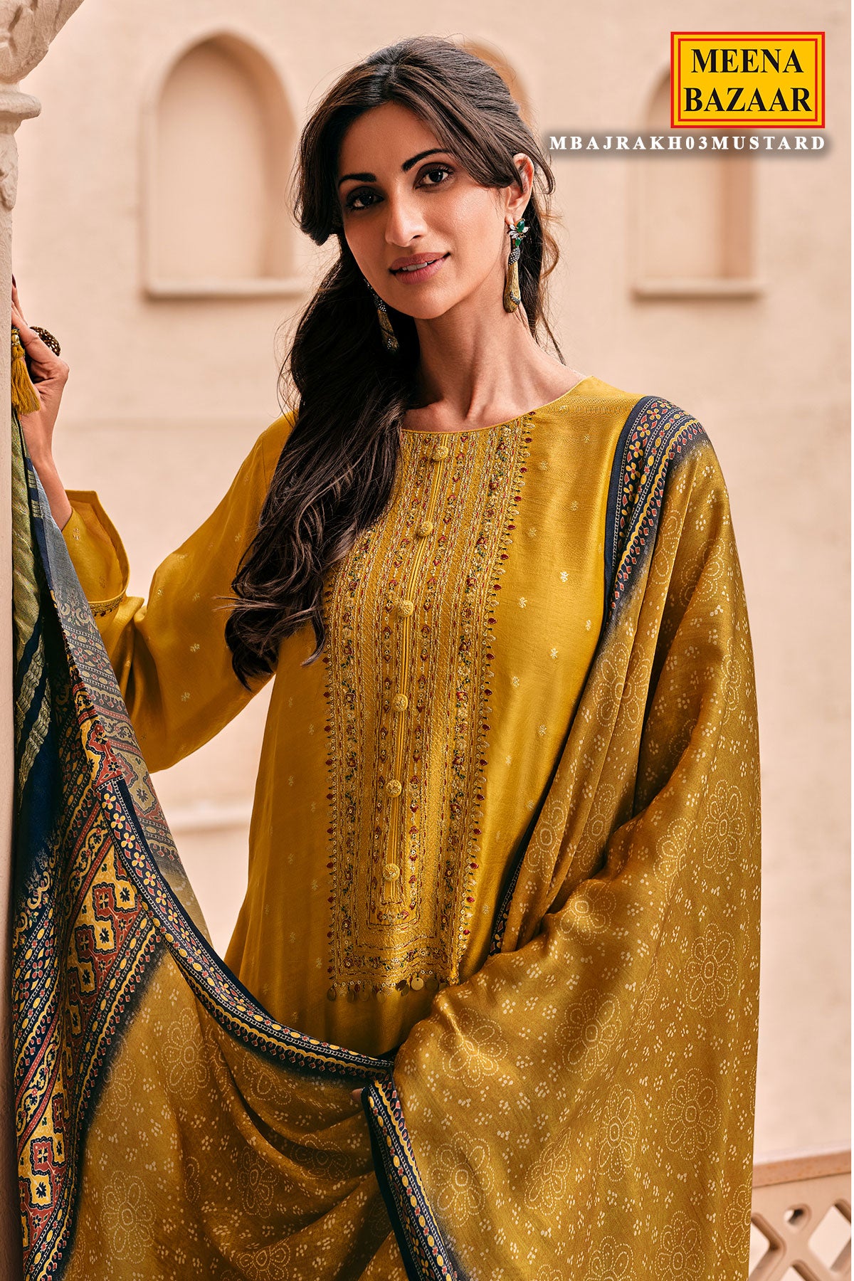 Mustard Viscose Dola Silk Printed Thread Embroidered Unstitched Suit Set