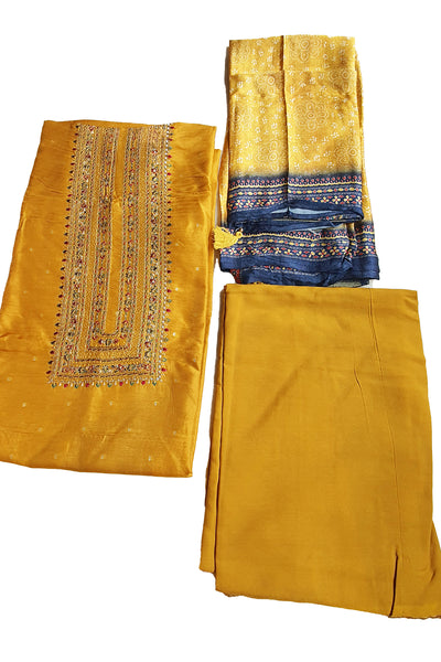 Mustard Viscose Dola Silk Printed Thread Embroidered Unstitched Suit Set