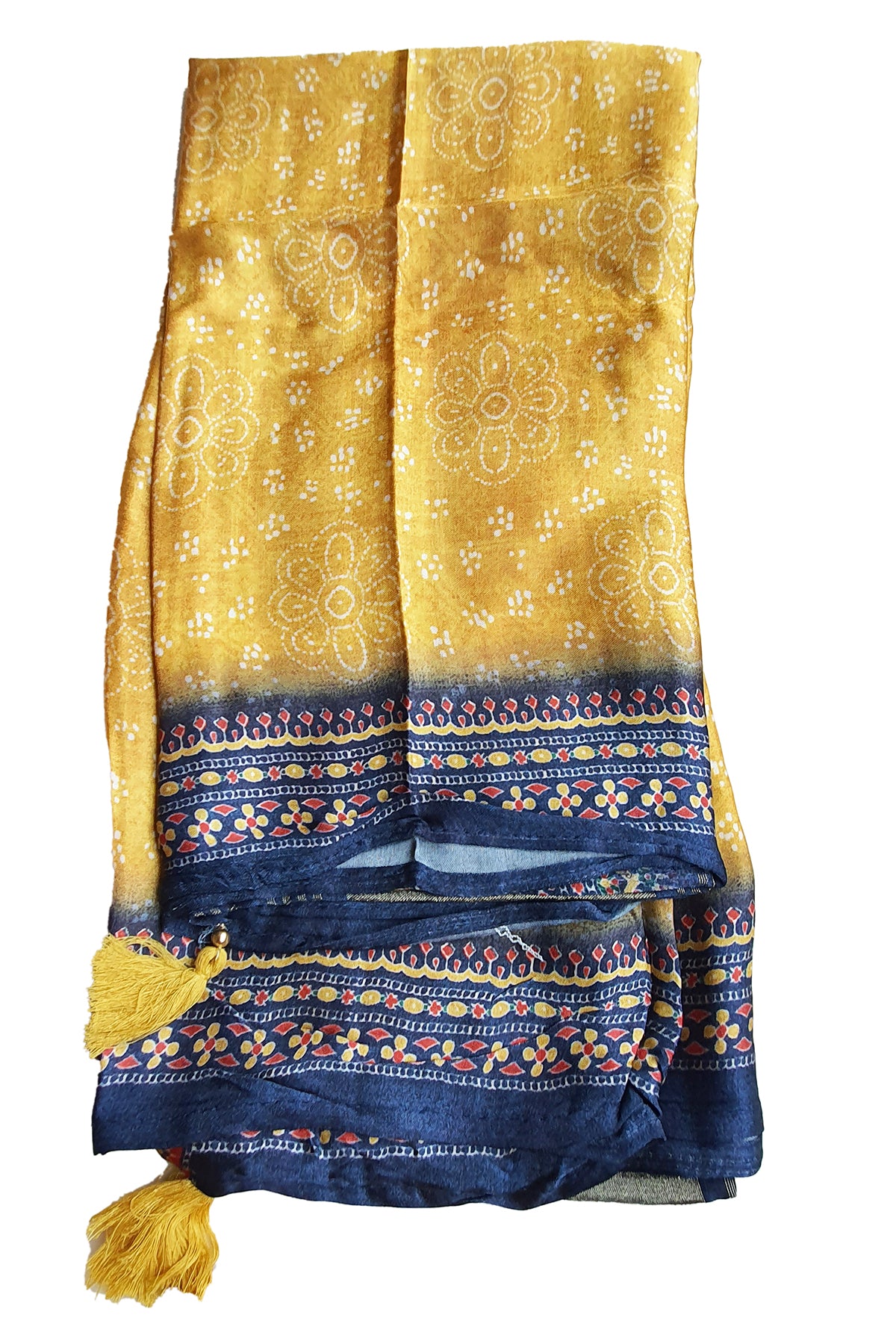 Mustard Viscose Dola Silk Printed Thread Embroidered Unstitched Suit Set