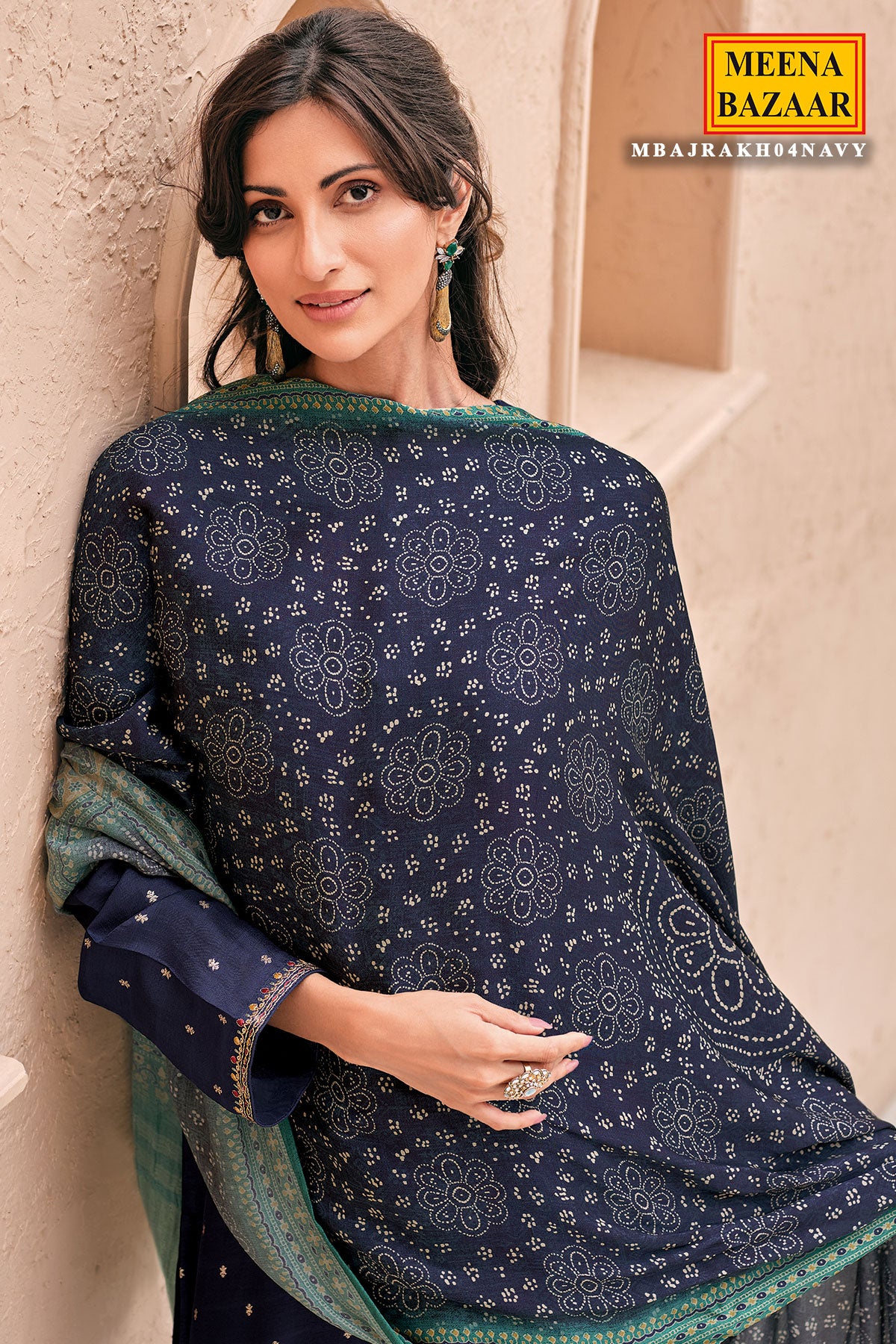 Navy Viscose Dola Silk Printed Thread Embroidered Unstitched Suit Set