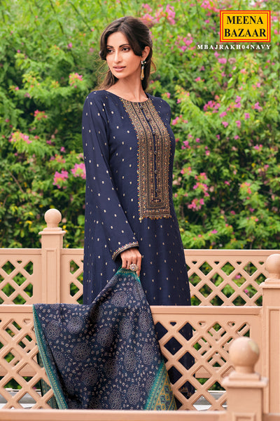 Navy Viscose Dola Silk Printed Thread Embroidered Unstitched Suit Set