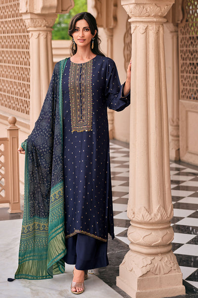 Navy Viscose Dola Silk Printed Thread Embroidered Unstitched Suit Set