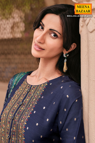 Navy Viscose Dola Silk Printed Thread Embroidered Unstitched Suit Set