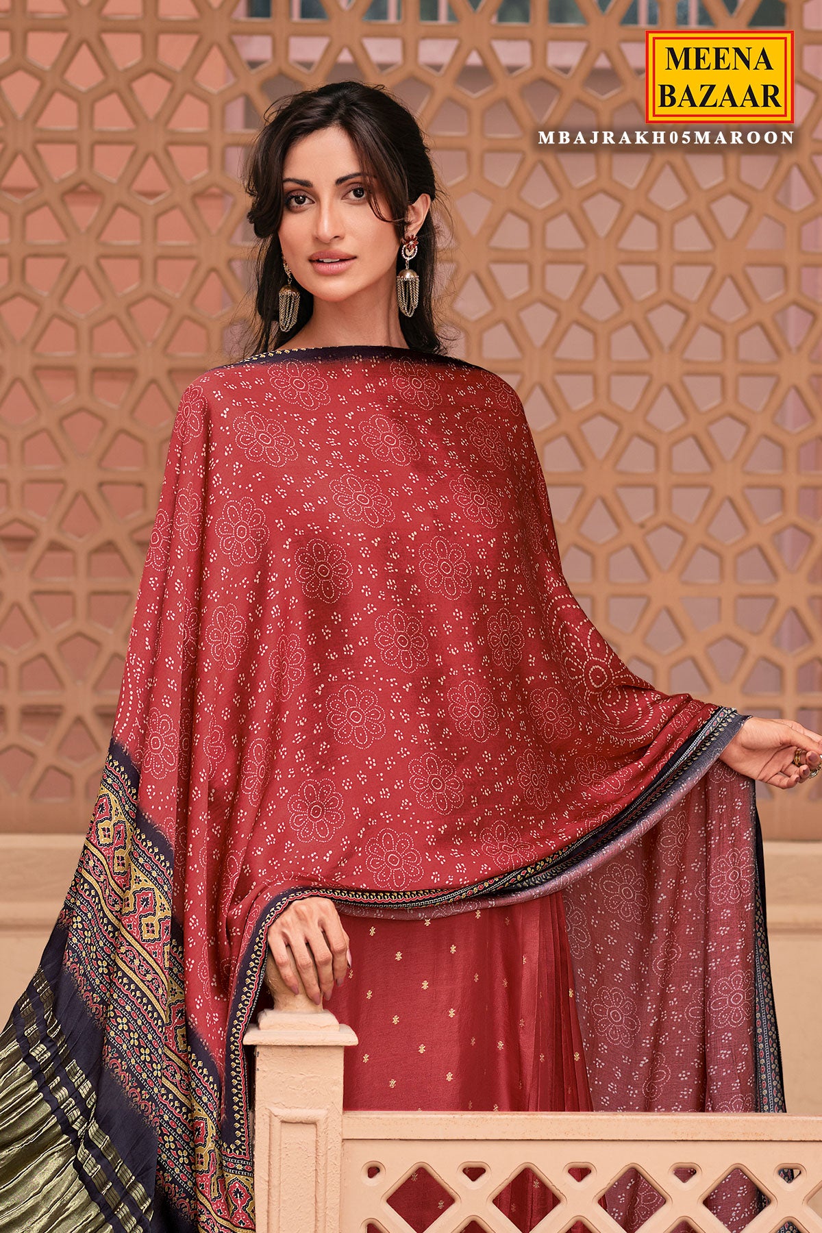 Maroon Viscose Dola Silk Printed Thread Embroidered Unstitched Suit Set