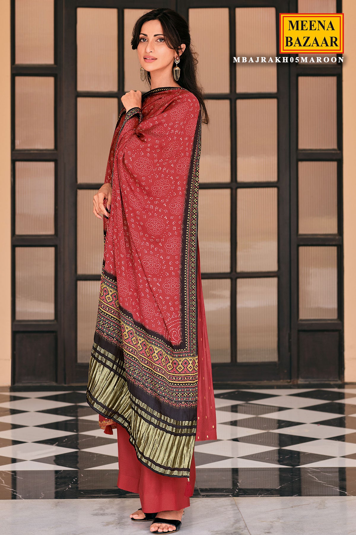 Maroon Viscose Dola Silk Printed Thread Embroidered Unstitched Suit Set