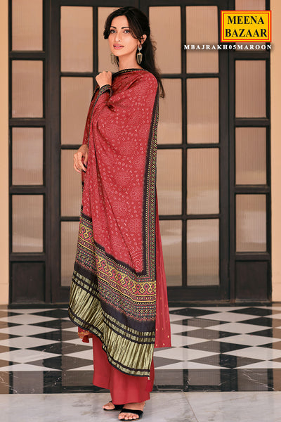 Maroon Viscose Dola Silk Printed Thread Embroidered Unstitched Suit Set