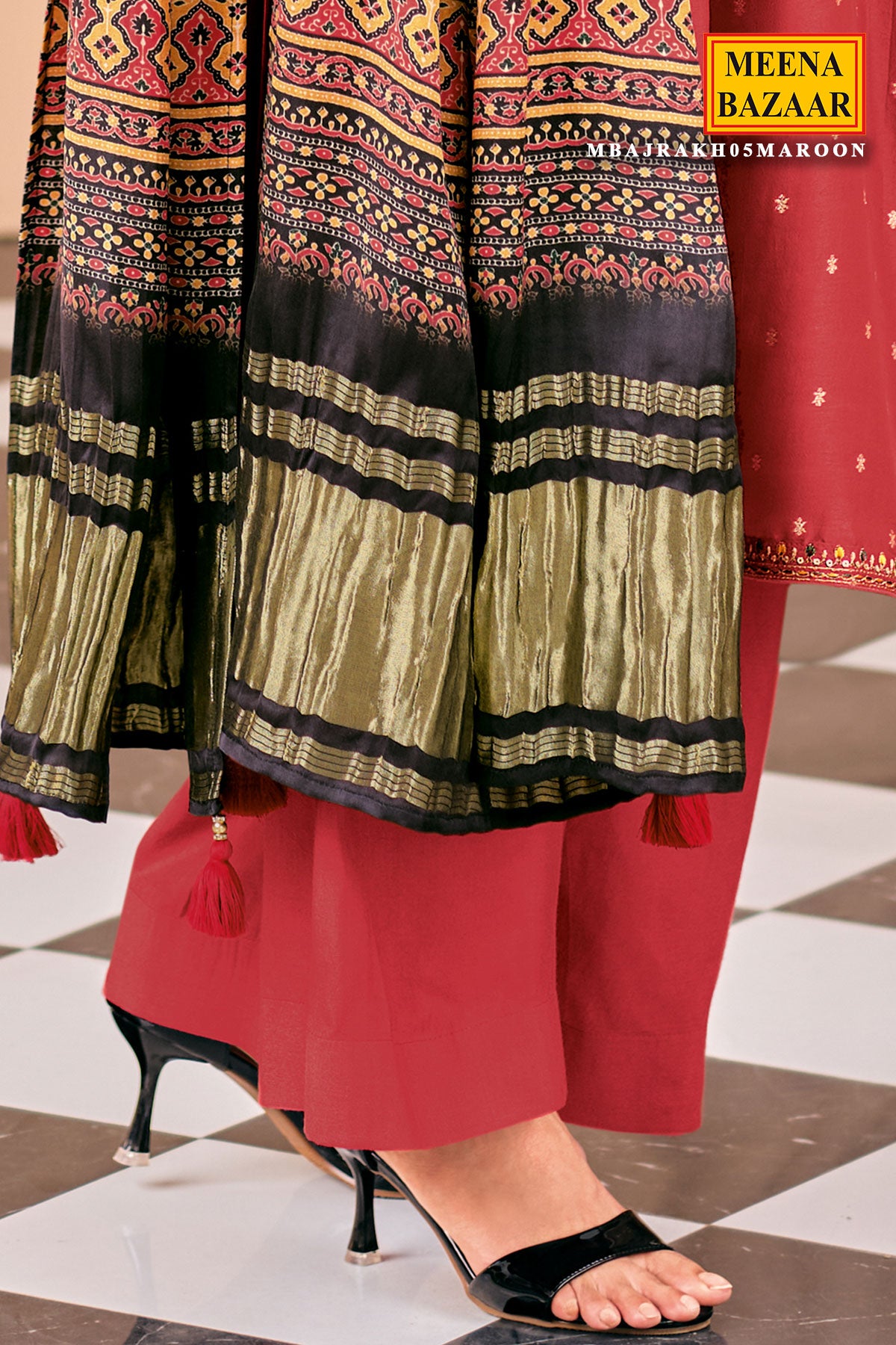 Maroon Viscose Dola Silk Printed Thread Embroidered Unstitched Suit Set