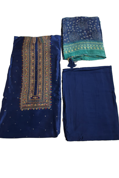 Navy Viscose Dola Silk Printed Thread Embroidered Unstitched Suit Set