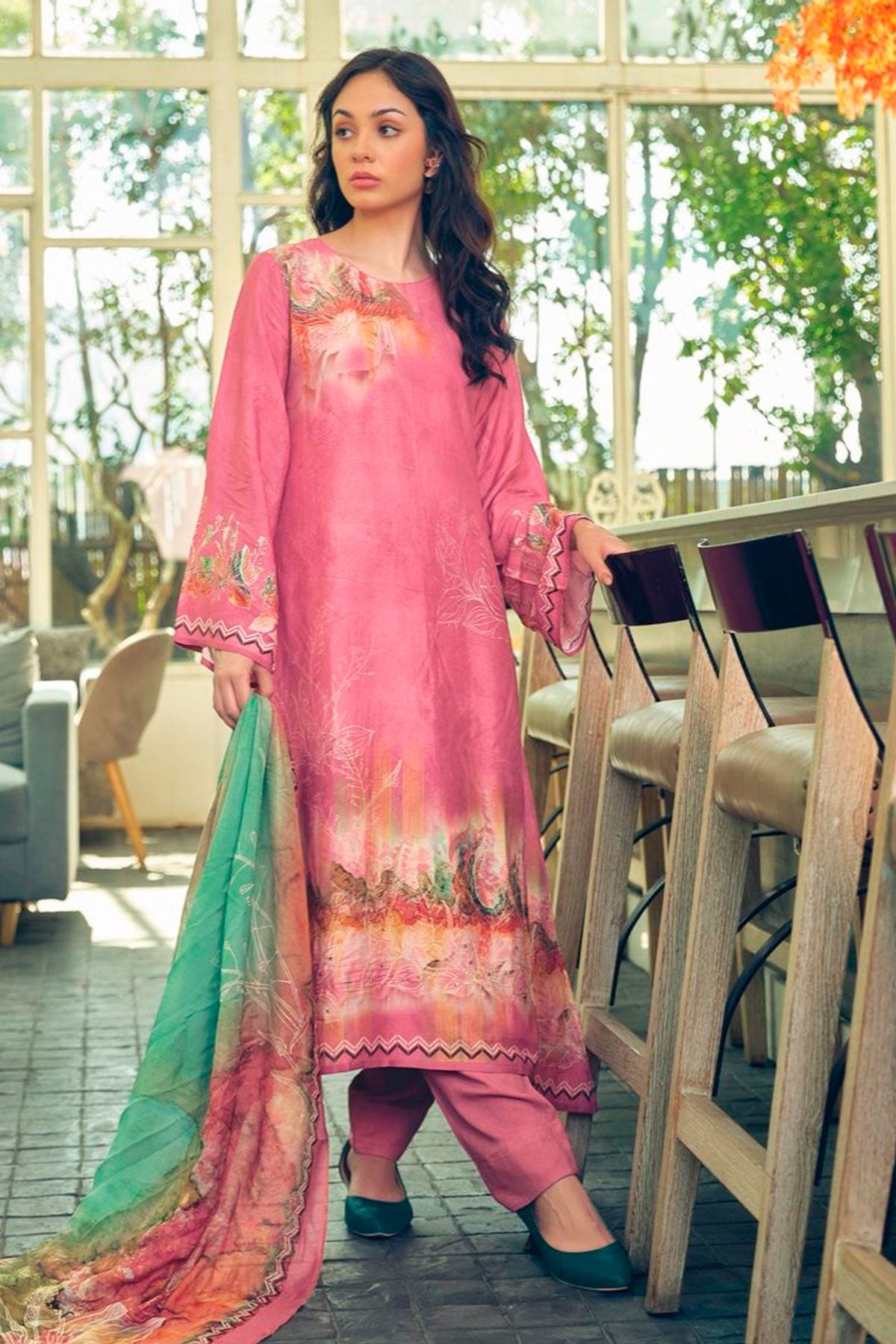 Pink Khatli Work Embroidered Muslin Printed Suit