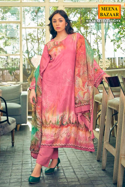 Pink Khatli Work Embroidered Muslin Printed Suit