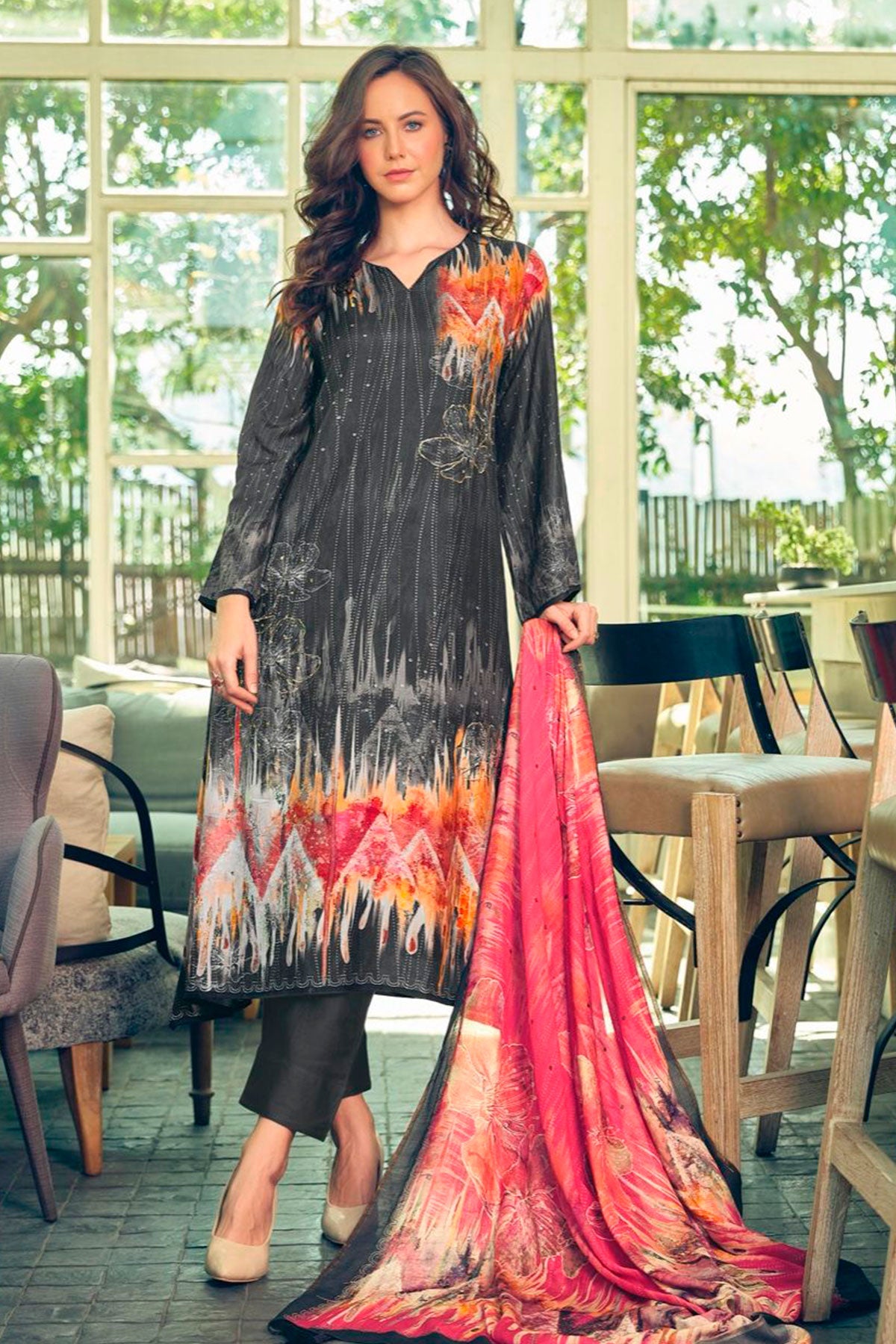 Black Khatli Work Embroidered Muslin Printed Suit