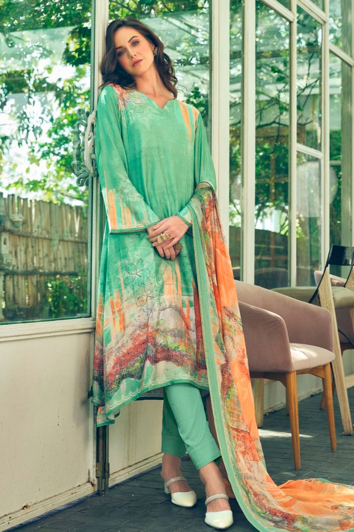 Sea Green Khatli Work Embroidered Muslin Printed Suit