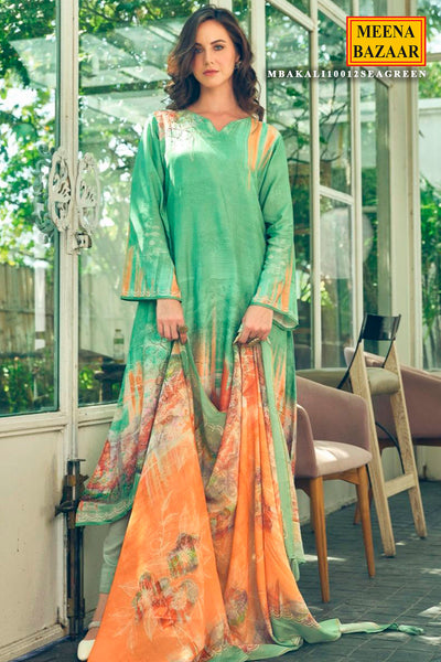 Sea Green Khatli Work Embroidered Muslin Printed Suit