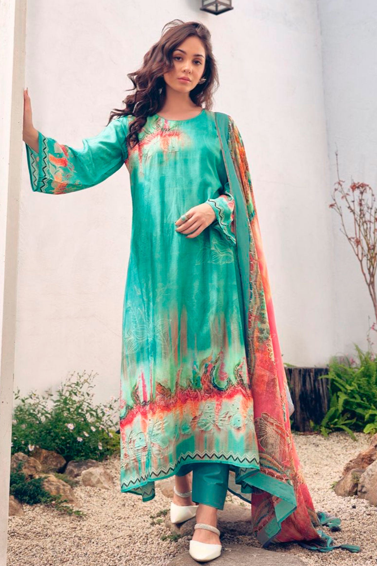 Firozi Khatli Work Embroidered Muslin Printed Suit