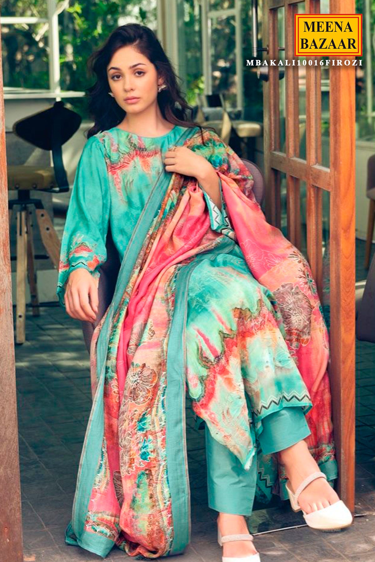 Firozi Khatli Work Embroidered Muslin Printed Suit