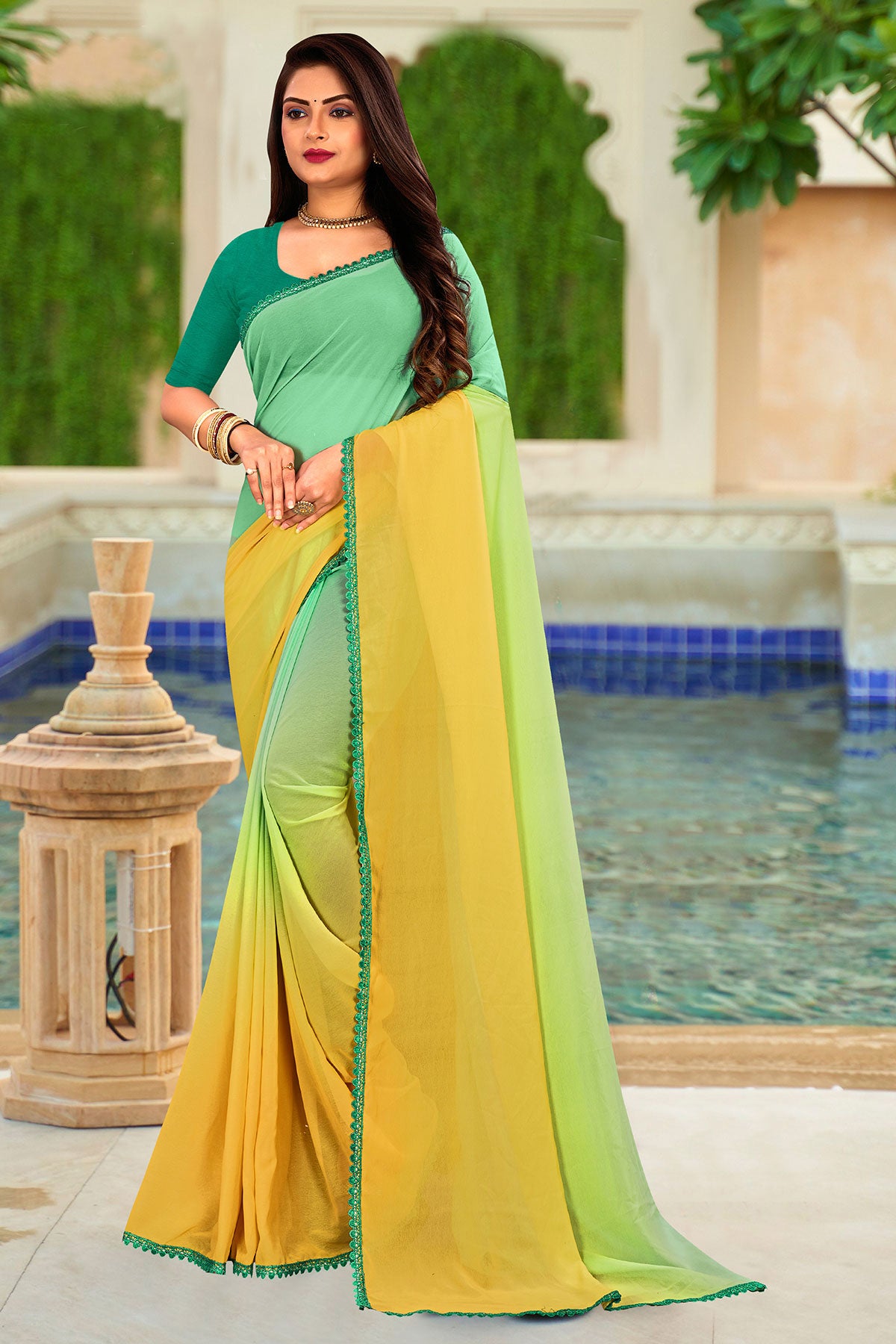 Green Ombre Georgette Lace Embroidered Saree