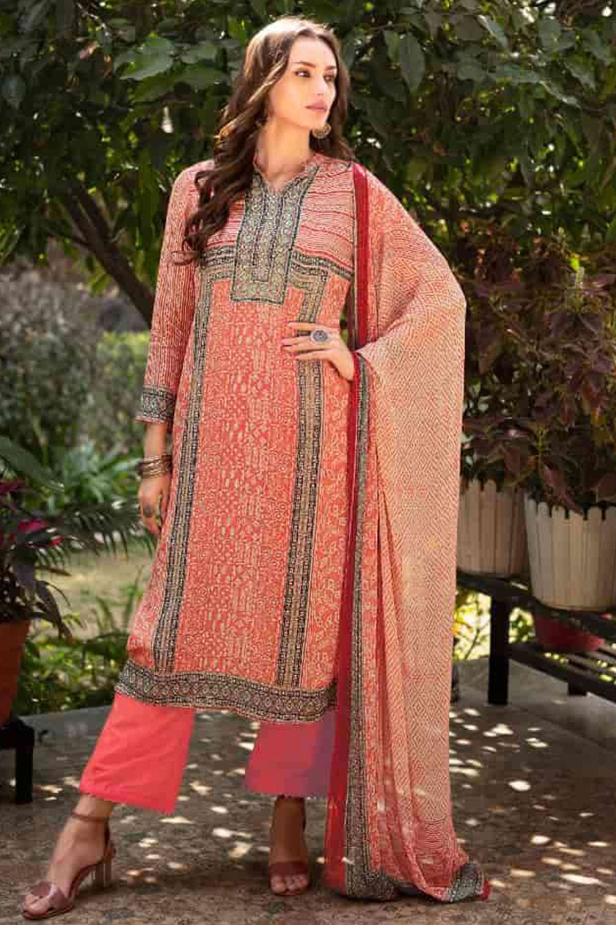 Red Cotton Floral Printed Neck Embroidered Suit Set