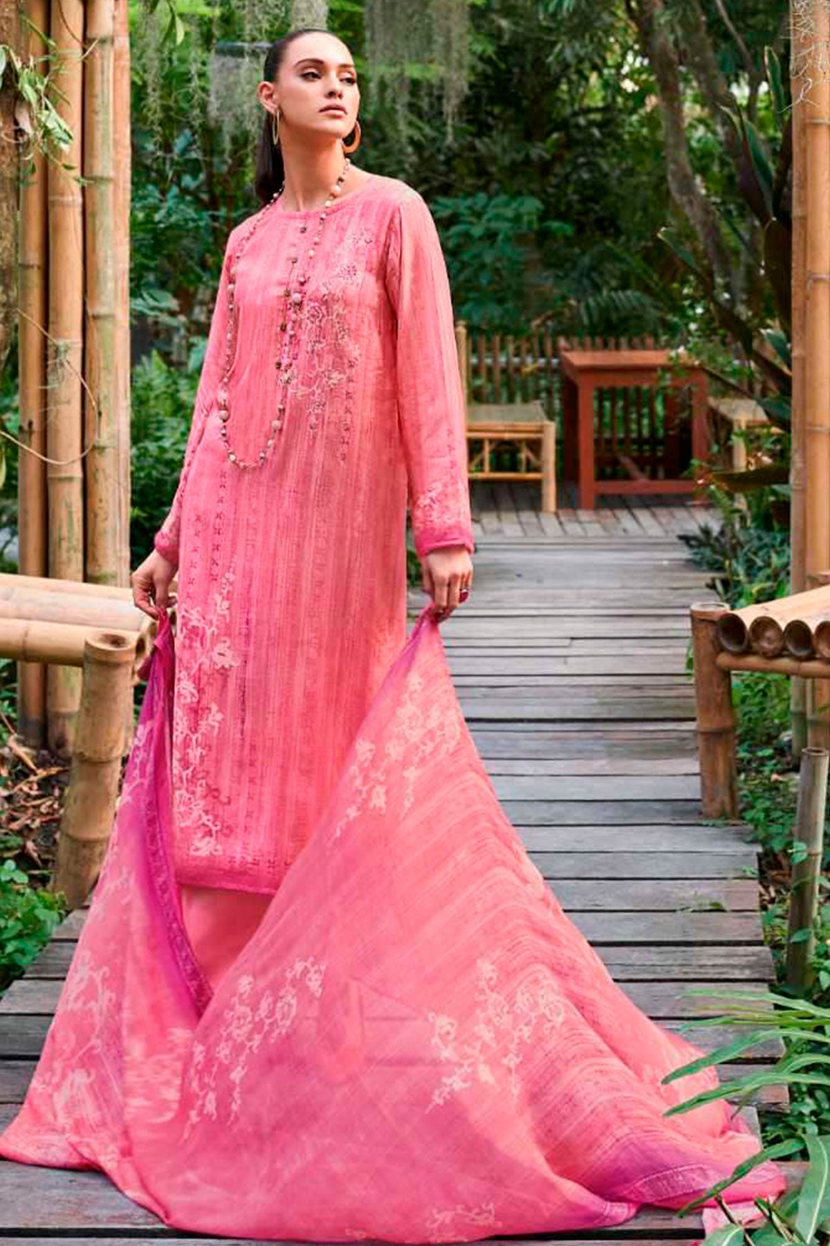Pink Pashmina Floral Printed Threadwork and Sequins Embroidered Suit Set