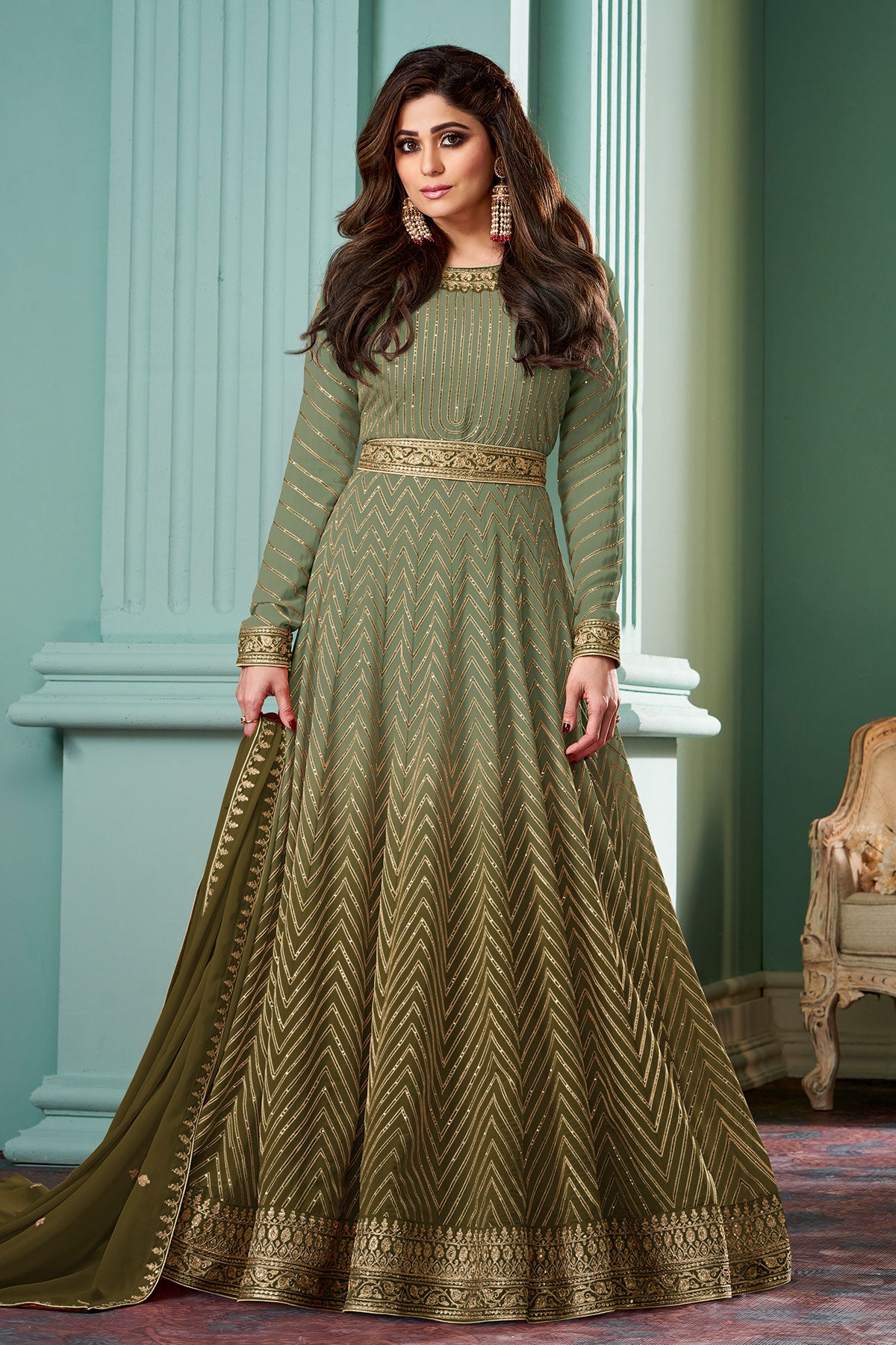 Pista Zari, Sequin Embroidered Georgette Gown With Dupatta