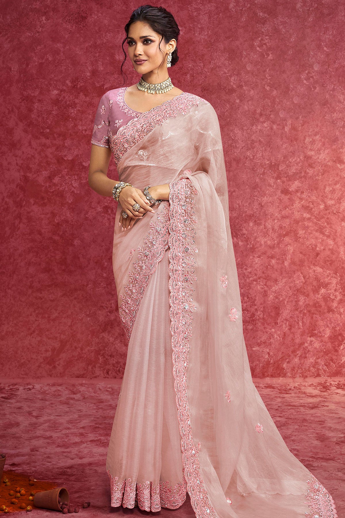 Blushing Beauty: Pink Shimmer Saree with Elegant Embroidery