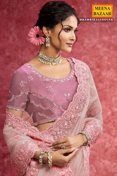 Blushing Beauty: Pink Shimmer Saree with Elegant Embroidery