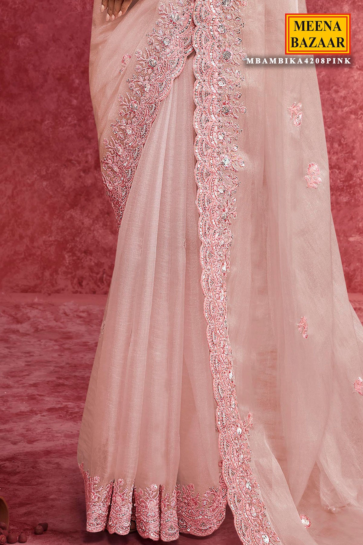 Blushing Beauty: Pink Shimmer Saree with Elegant Embroidery