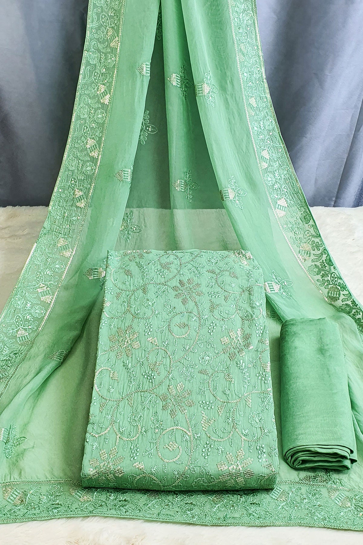 Green Georgette Suit Set with Thread Sequin Embroidered Neck