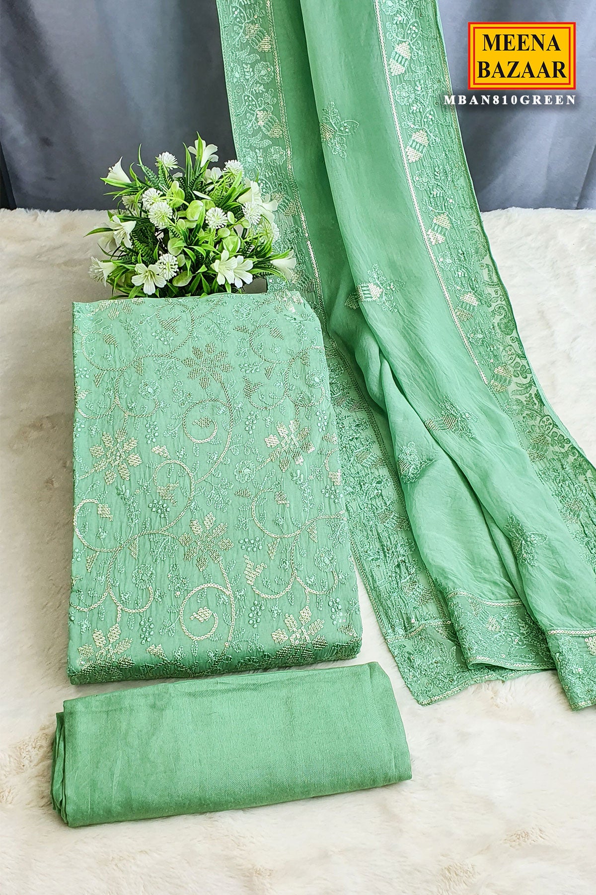 Green Georgette Suit Set with Thread Sequin Embroidered Neck