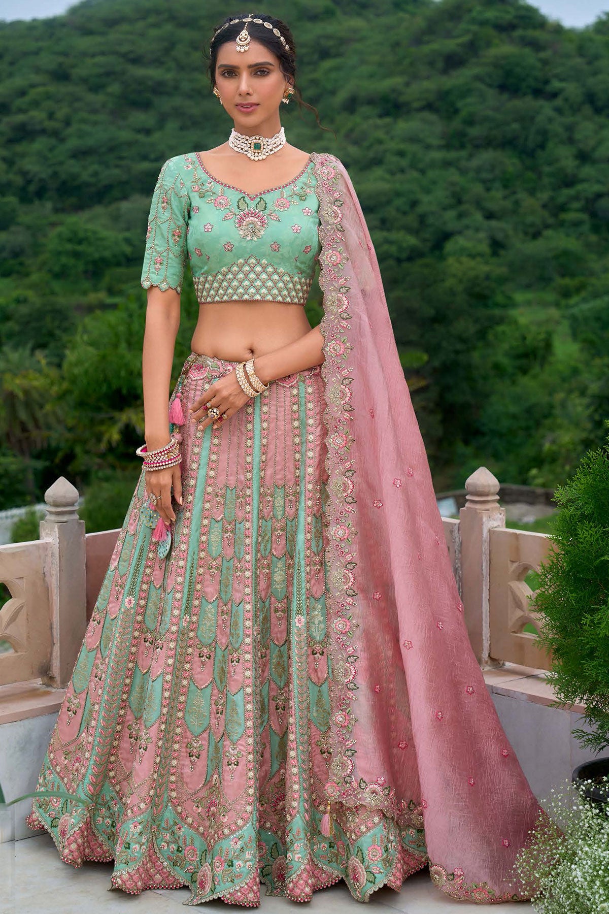 Sea Green and Pink Resham Thread, Sequin Embroidery Wedding Silk Lehenga