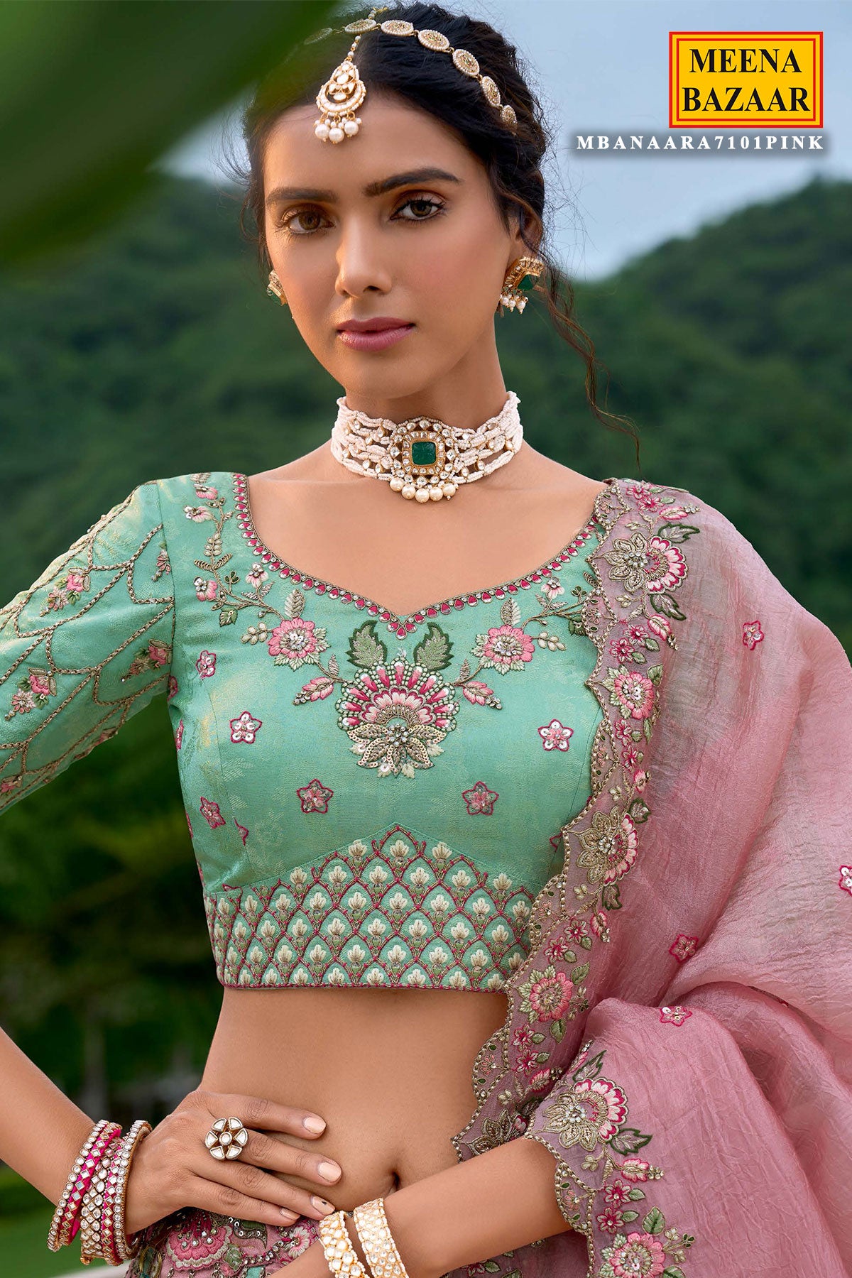 Sea Green and Pink Resham Thread, Sequin Embroidery Wedding Silk Lehenga