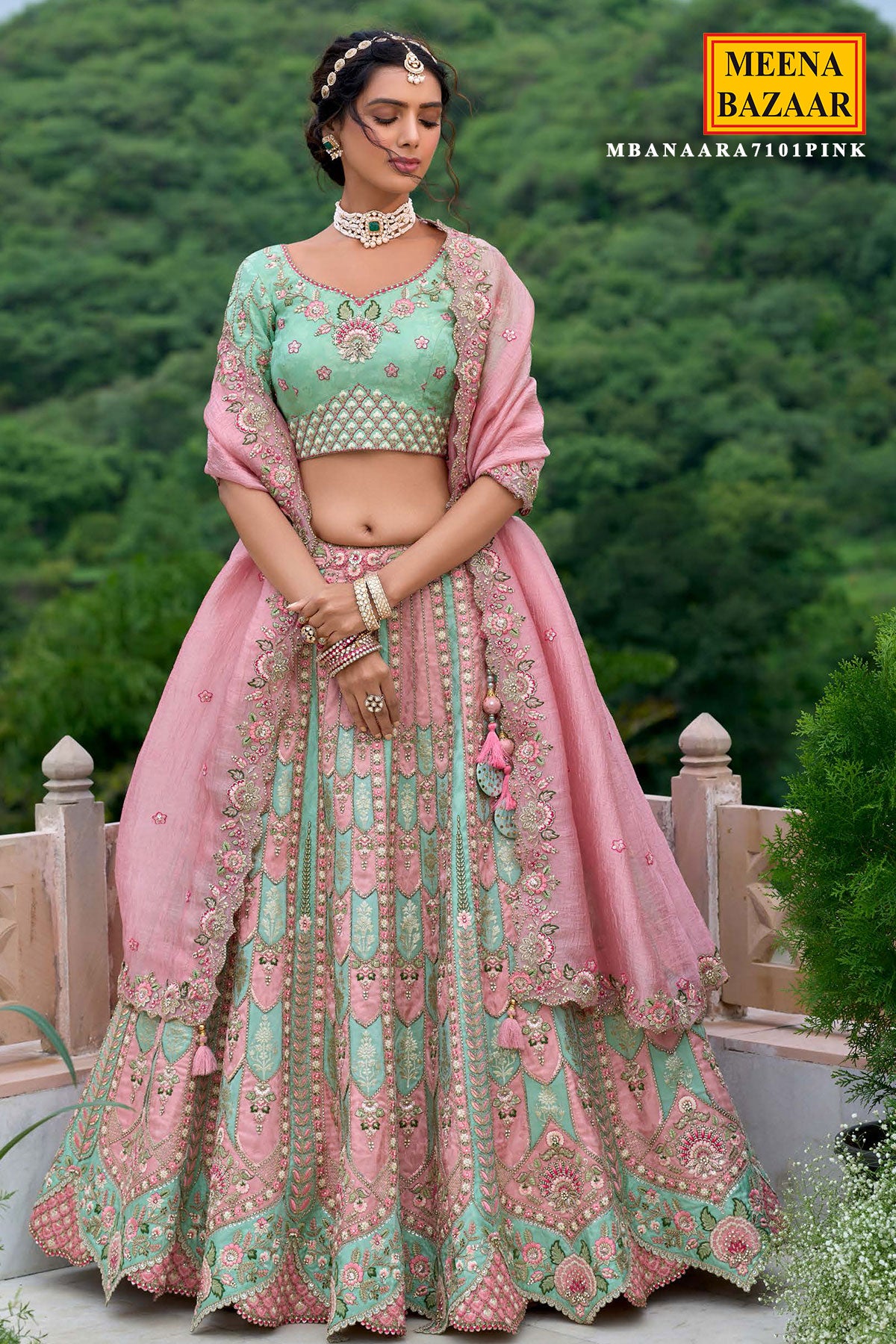 Sea Green and Pink Resham Thread, Sequin Embroidery Wedding Silk Lehenga