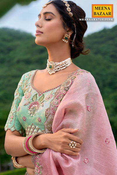 Sea Green and Pink Resham Thread, Sequin Embroidery Wedding Silk Lehenga