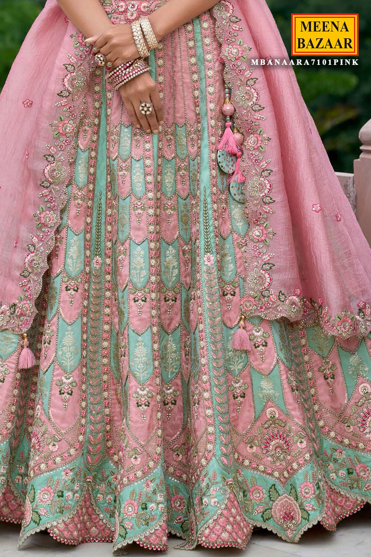 Sea Green and Pink Resham Thread, Sequin Embroidery Wedding Silk Lehenga