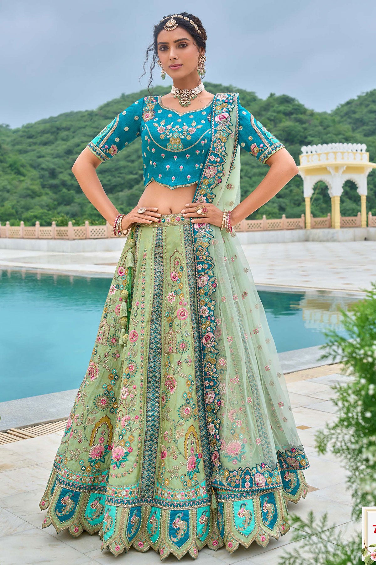 Pista Green Silk Embroidered Lehenga with Stone & Zari Work