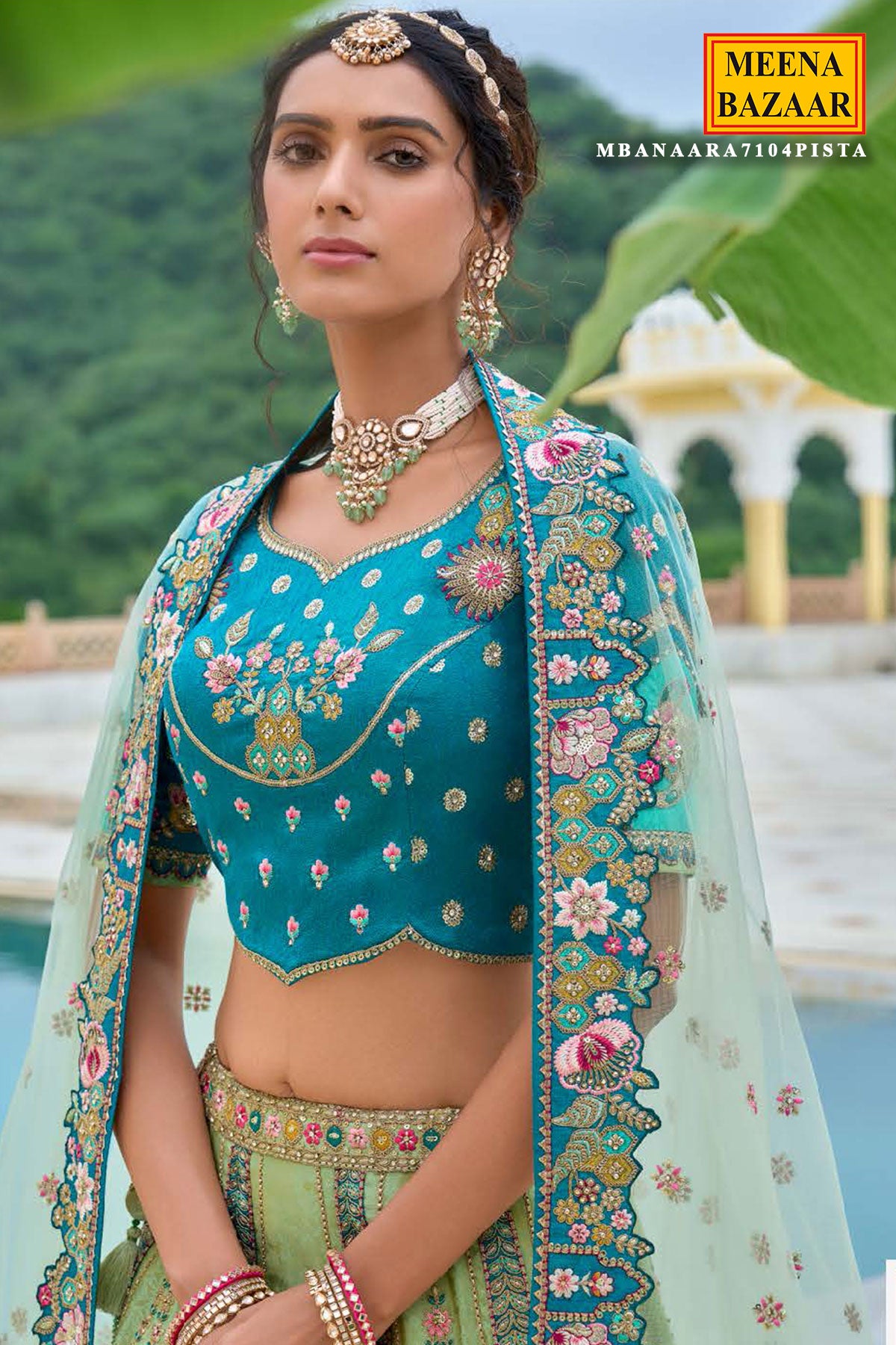 Pista Green Silk Embroidered Lehenga with Stone & Zari Work