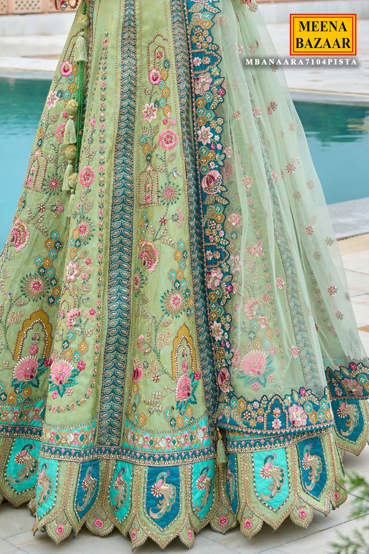 Pista Green Silk Embroidered Lehenga with Stone & Zari Work