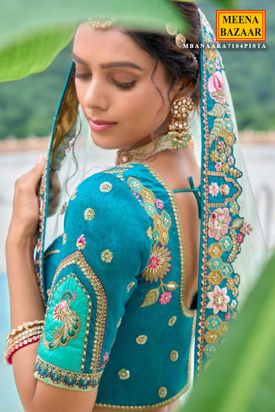 Pista Green Silk Embroidered Lehenga with Stone & Zari Work