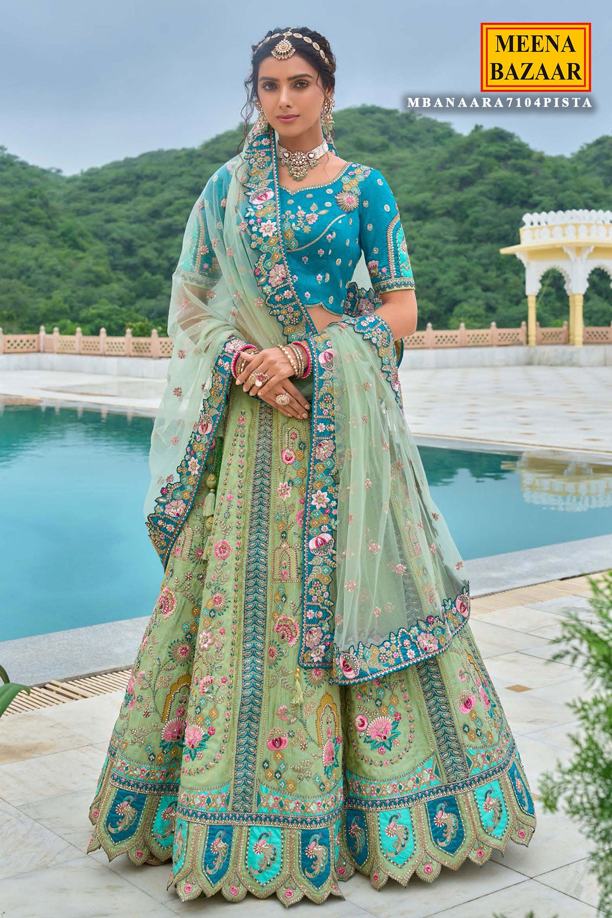 Pista Green Silk Embroidered Lehenga with Stone & Zari Work