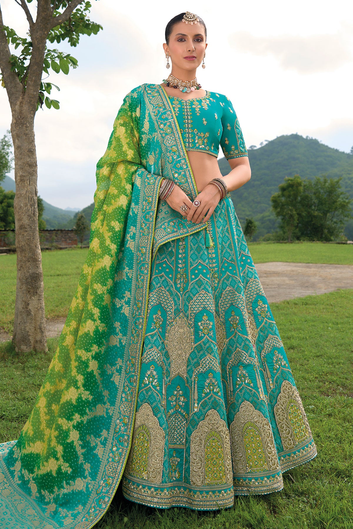 Rama Green Silk Zari, Gota Embroidered Lehenga