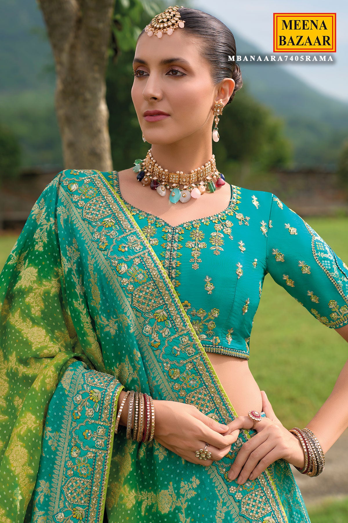 Rama Green Silk Zari, Gota Embroidered Lehenga