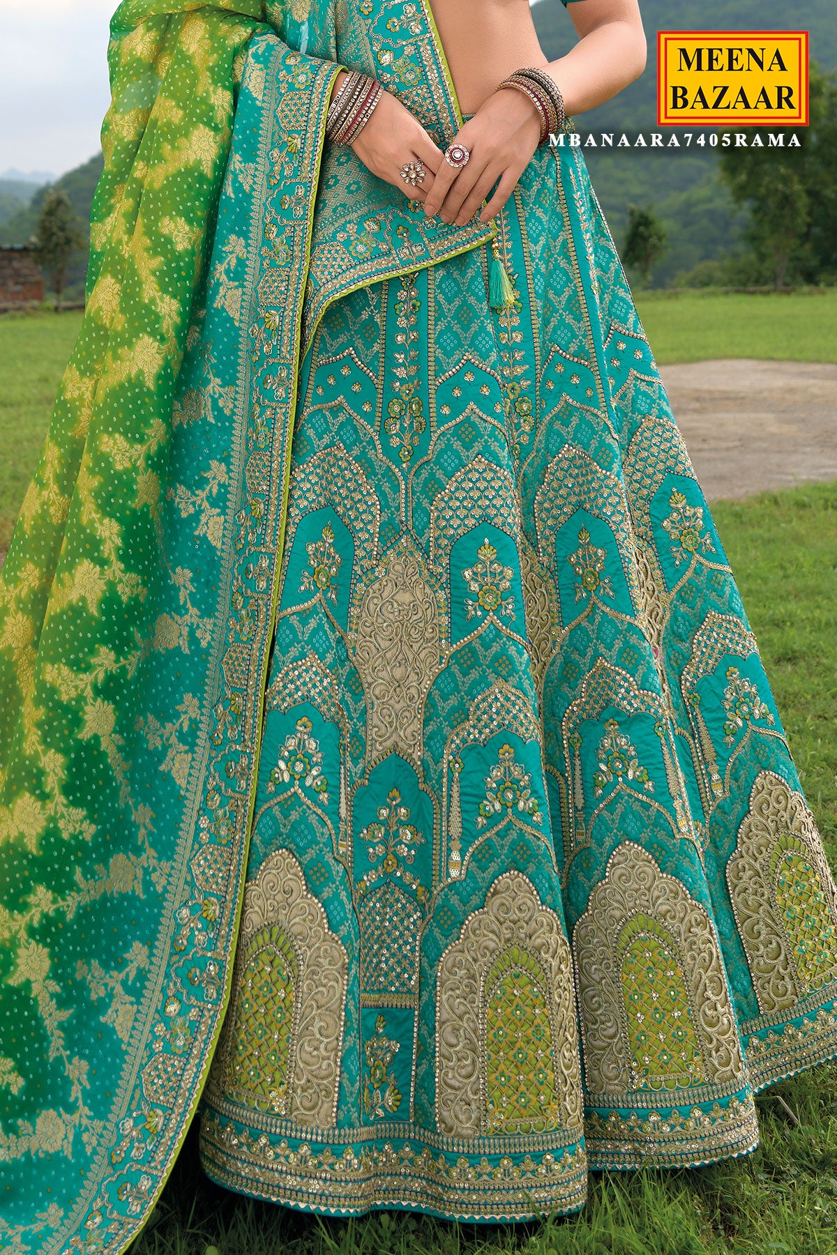 Rama Green Silk Zari, Gota Embroidered Lehenga