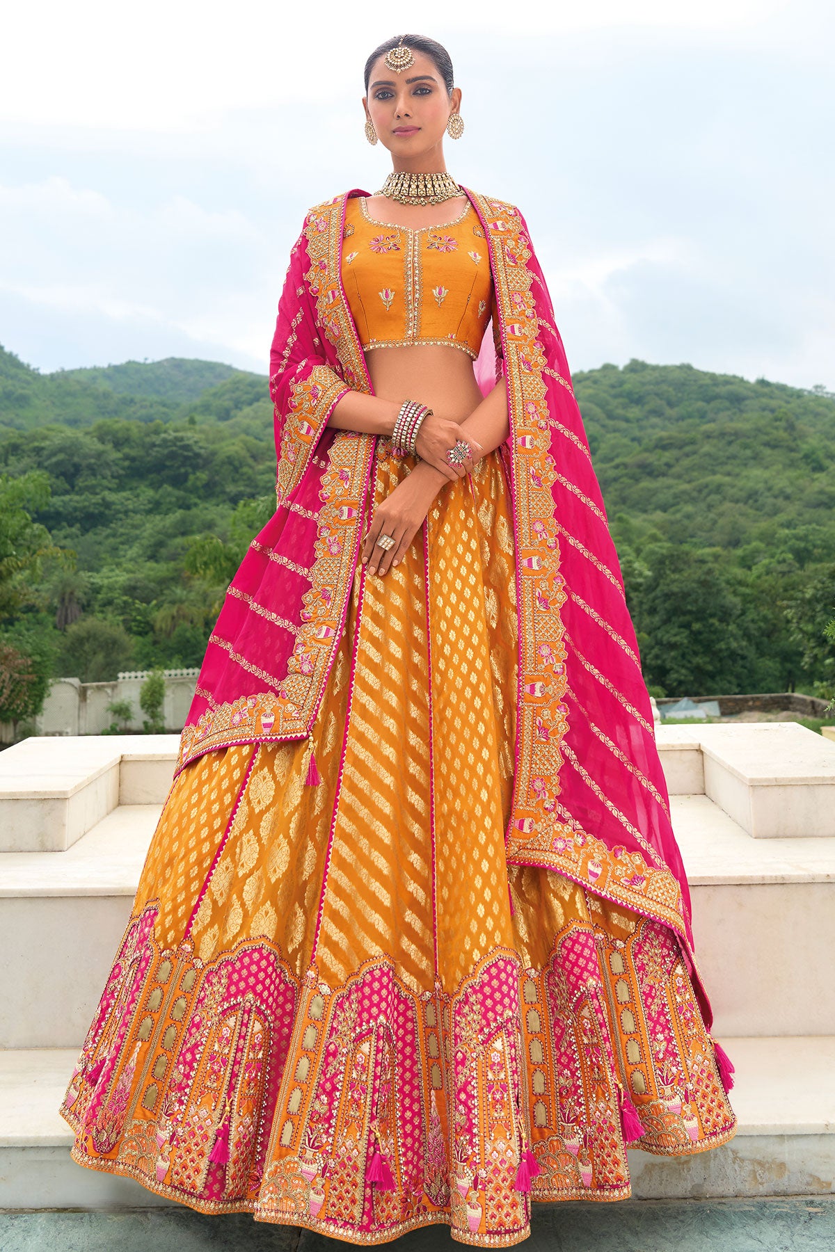 Mustard Organza Silk Zari Embroidered Lehenga